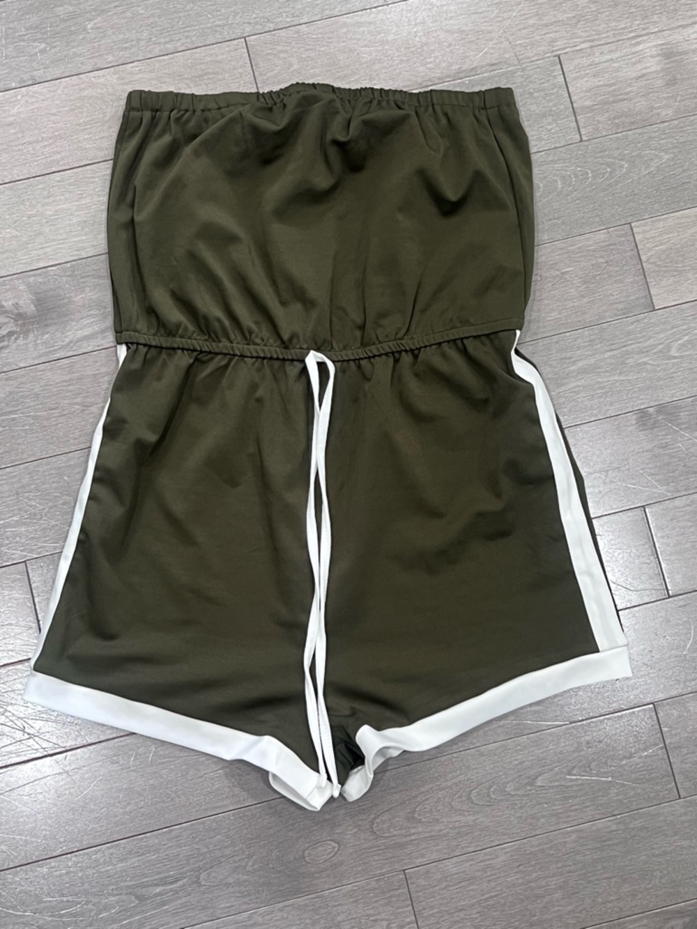 Olive Green Strapless Romper, White Side Stripe Drawstring Trim, Size Medium